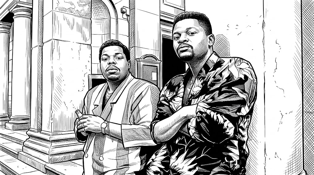 Black-and-white comic-style illustration of Darryl Pandy and Farley "Jackmaster" Funk in front of a stone building
