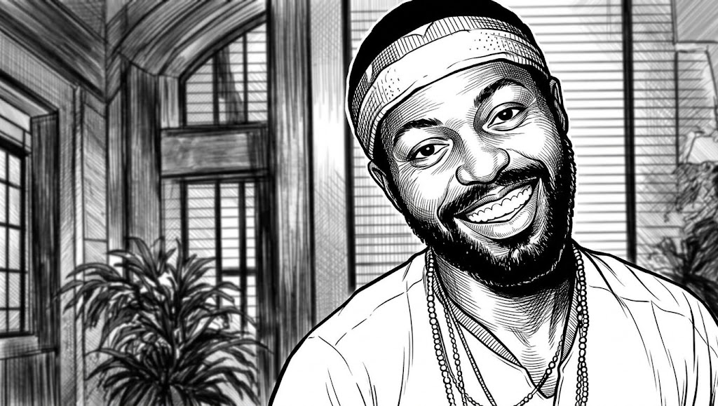 Black-and-white comic-style illustration of a smiling Frankie Knuckles with a headband and bead necklaces, in a room with tall windows and a potted plant