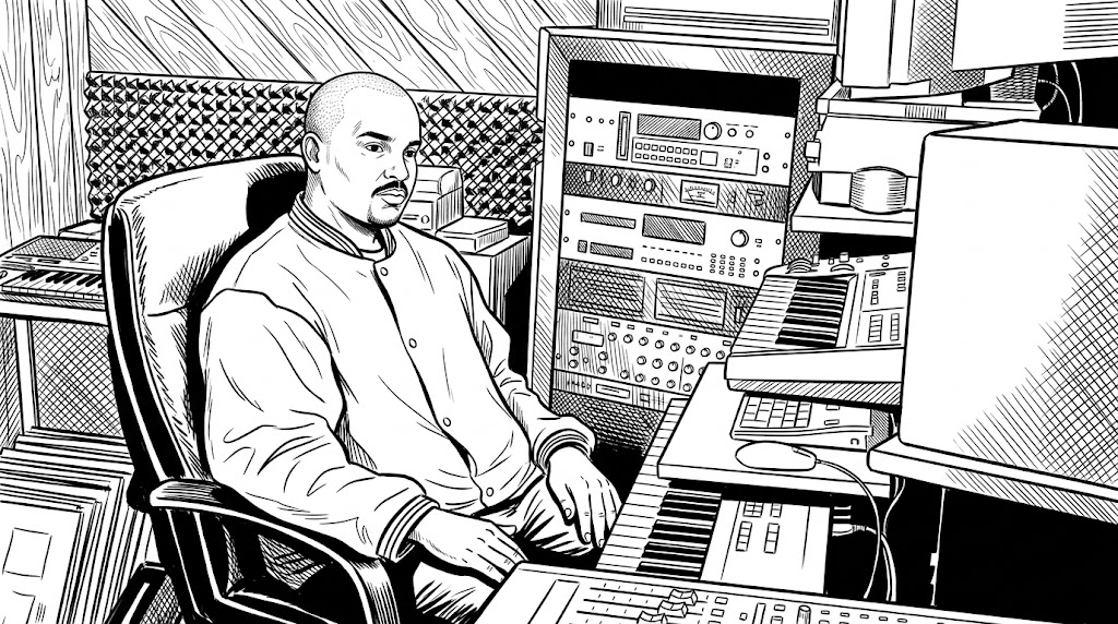 Illustration of Steve "Silk" Hurley in a studio chair, surrounded by keyboards, a mixing desk and racks of studio gear