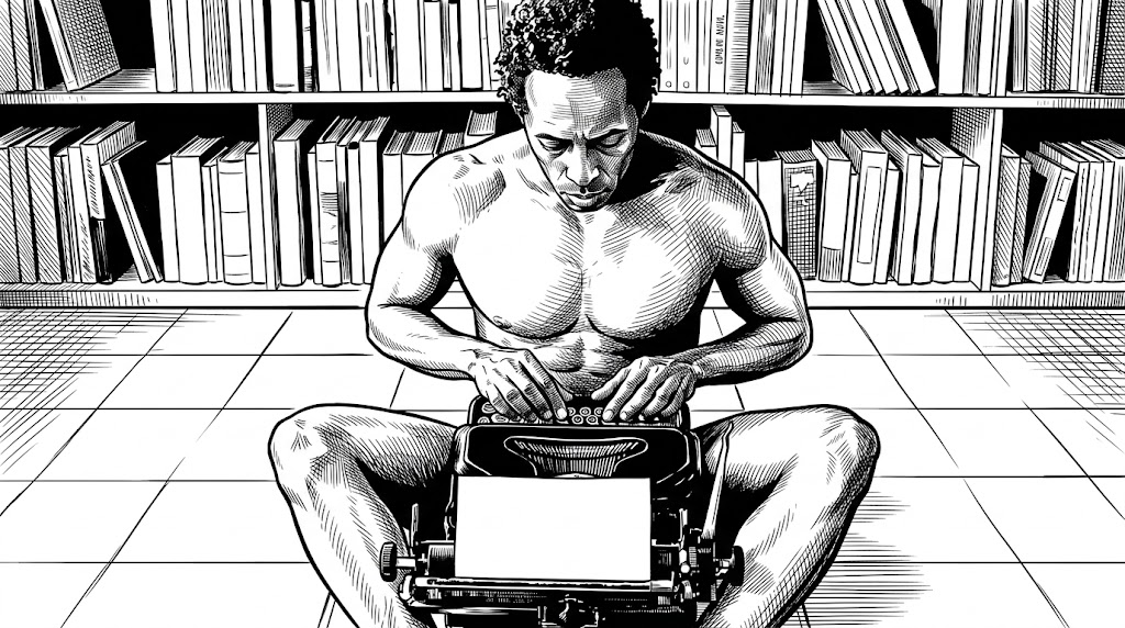 Black-and-white comic-style illustration of Lil Louis, shirtless, sitting cross-legged on a tiled floor and typing on a typewriter in front of tall bookshelves