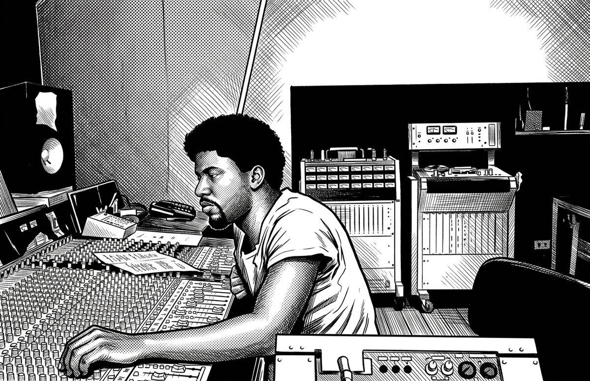 Black-and-white comic-style illustration of Marshall Jefferson at a mixing desk in a recording studio